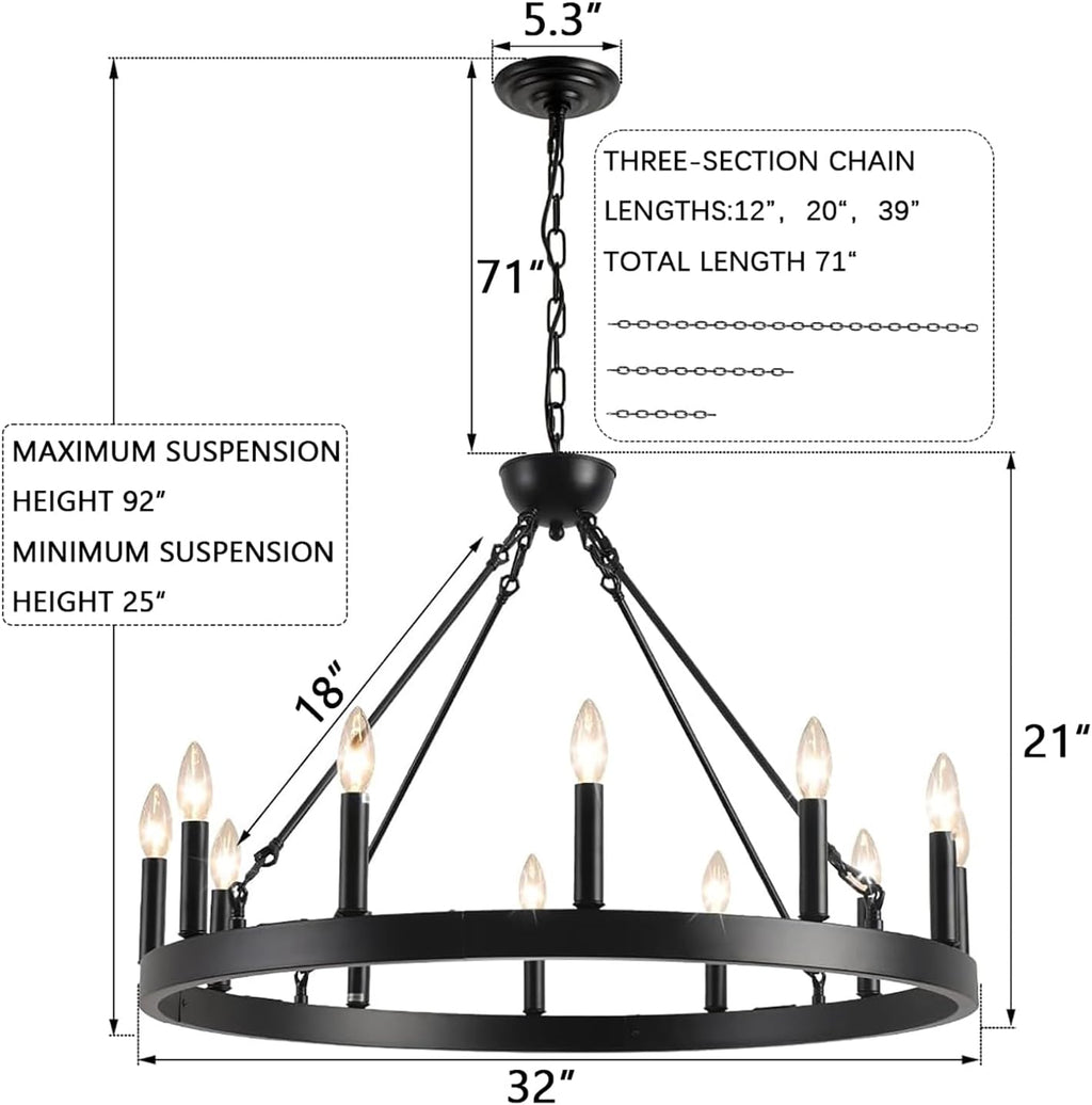 Black Wagon Wheel Chandelier 32 inch,12-Light Farmhouse Wagon Wheel Chandeliers Round Industrial Ceiling Light fixtures for Outdoor Porch high Ceilings Living Dining Room Foyer Entryway - Grand Goldman