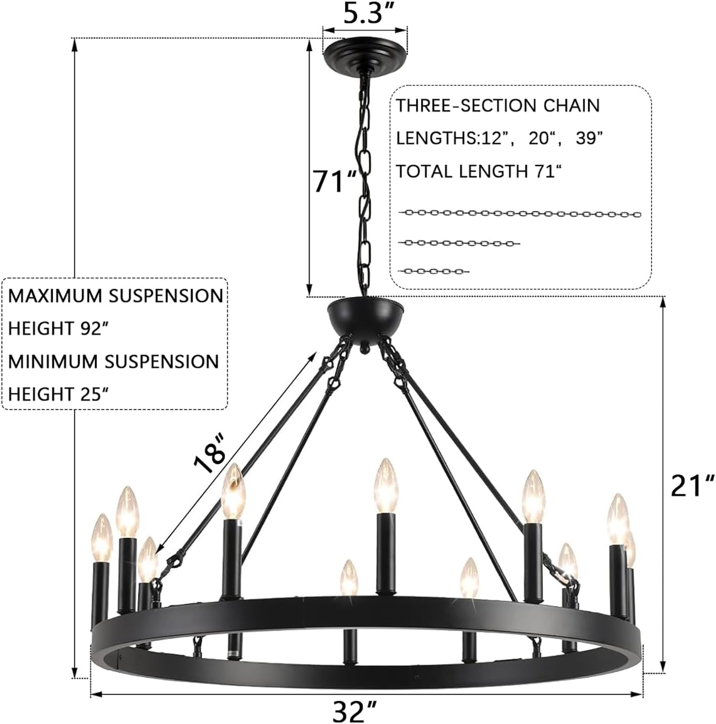 Black Wagon Wheel Chandelier 32 inch,12-Light Farmhouse Wagon Wheel Chandeliers Round Industrial Ceiling Light fixtures for Outdoor Porch high Ceilings Living Dining Room Foyer Entryway - Grand Goldman