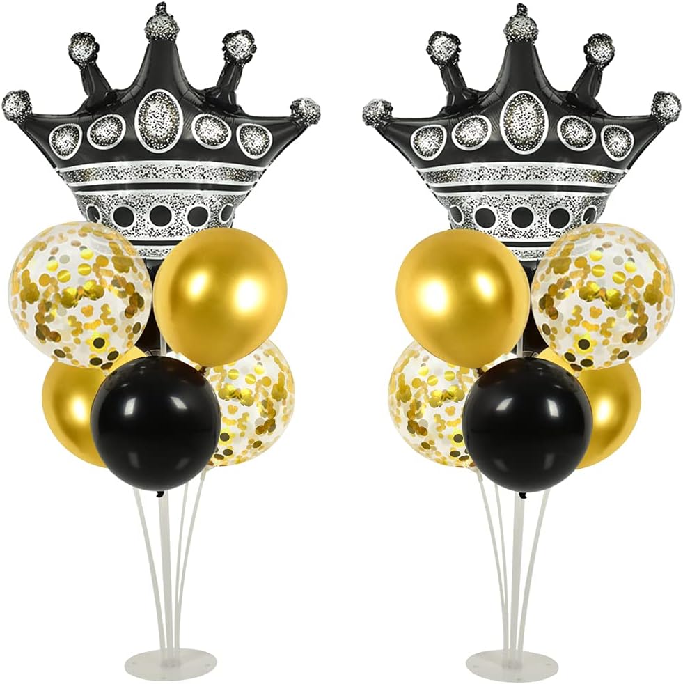 Black and Gold Table Centerpiece Balloons Stand Kit For Table 2 Sets with 2 Crown Balloons and 14 Latex Balloons, Great for Birthday Wedding Anniversary Queen Birthday Black and Gold Party Decorations - Grand Goldman