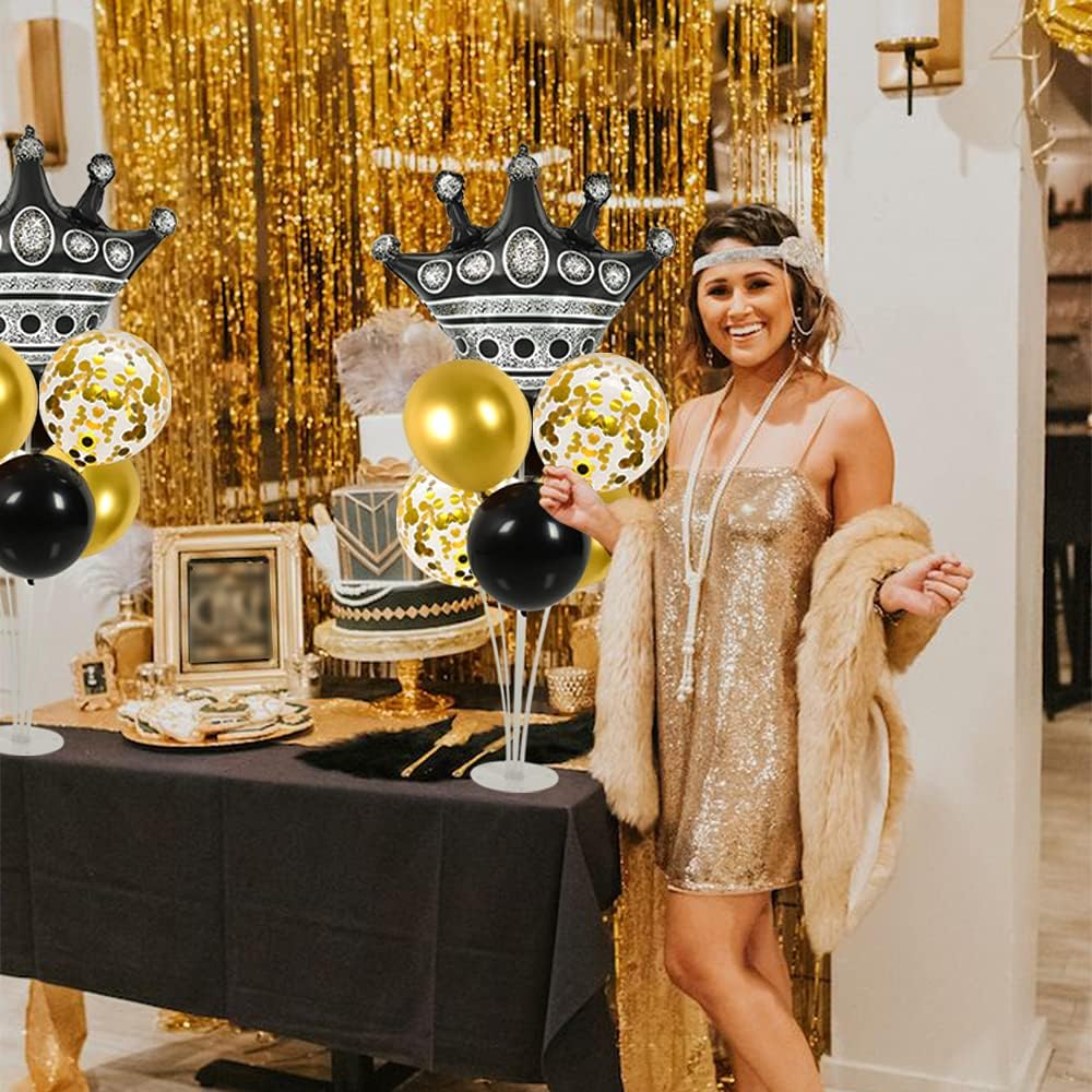 Black and Gold Table Centerpiece Balloons Stand Kit For Table 2 Sets with 2 Crown Balloons and 14 Latex Balloons, Great for Birthday Wedding Anniversary Queen Birthday Black and Gold Party Decorations - Grand Goldman