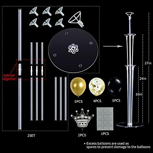 Black and Gold Table Centerpiece Balloons Stand Kit For Table 2 Sets with 2 Crown Balloons and 14 Latex Balloons, Great for Birthday Wedding Anniversary Queen Birthday Black and Gold Party Decorations - Grand Goldman