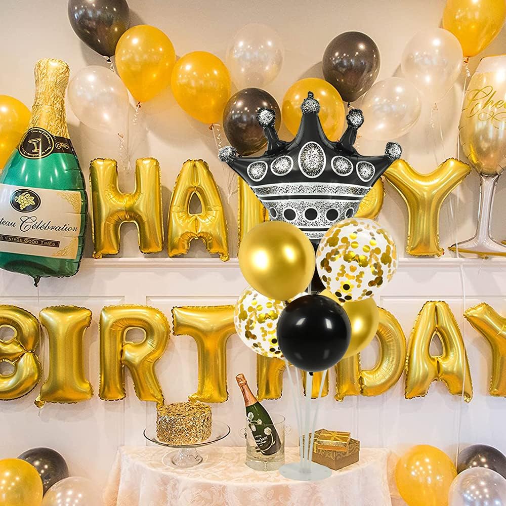 Black and Gold Table Centerpiece Balloons Stand Kit For Table 2 Sets with 2 Crown Balloons and 14 Latex Balloons, Great for Birthday Wedding Anniversary Queen Birthday Black and Gold Party Decorations - Grand Goldman
