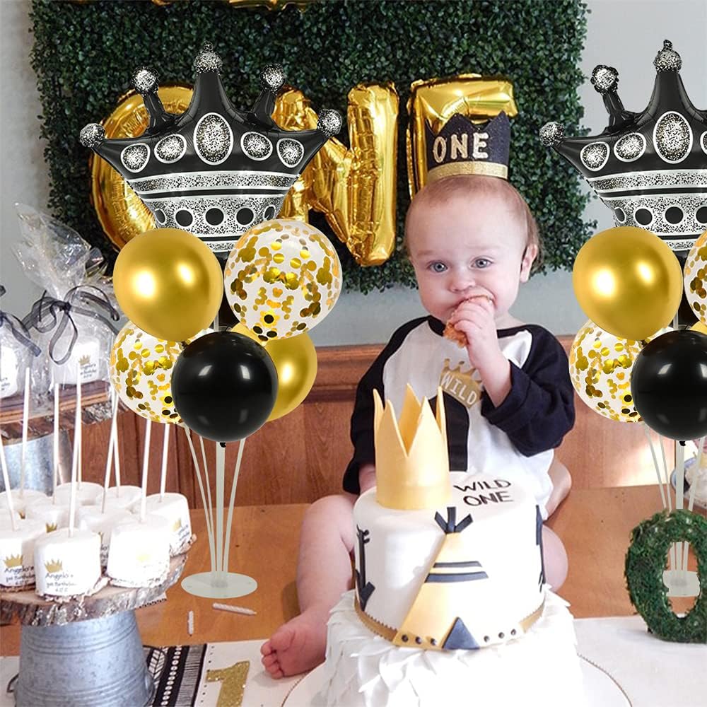 Black and Gold Table Centerpiece Balloons Stand Kit For Table 2 Sets with 2 Crown Balloons and 14 Latex Balloons, Great for Birthday Wedding Anniversary Queen Birthday Black and Gold Party Decorations - Grand Goldman