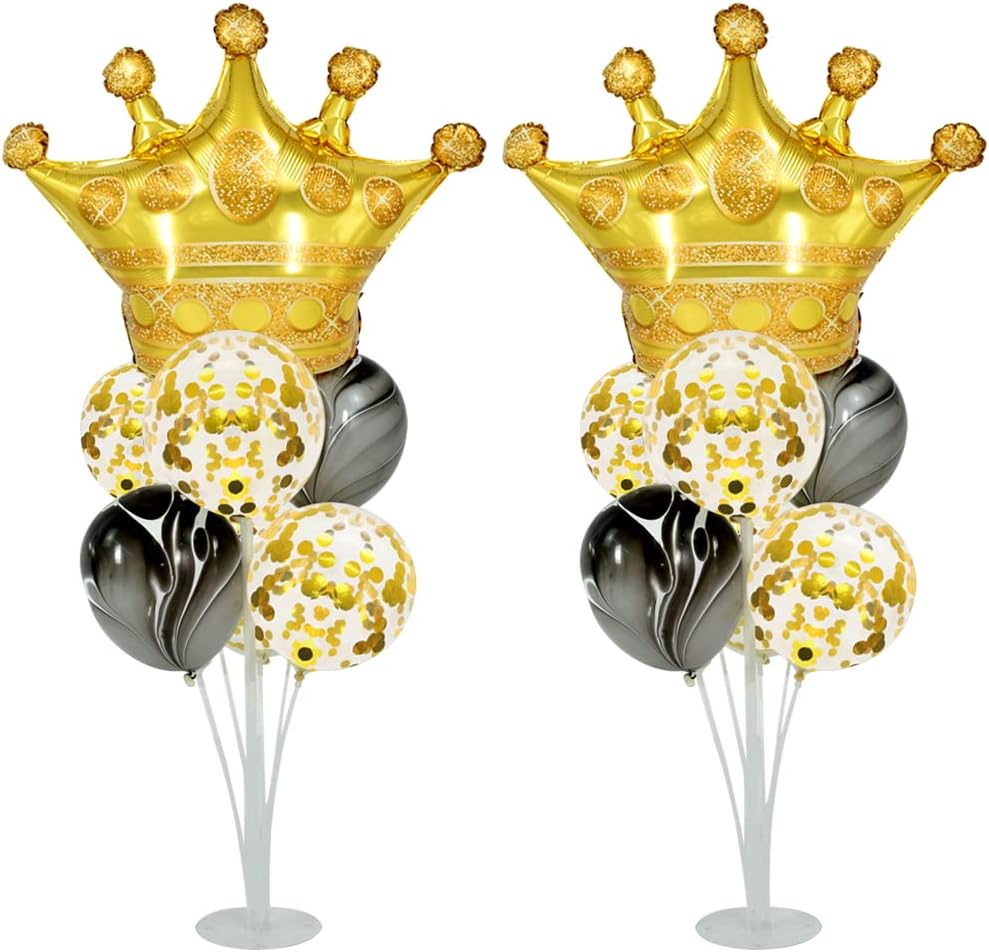 Black and Gold Table Centerpiece Balloons Stand Kit For Table 2 Sets with 2 Crown Balloons and 14 Latex Balloons, Great for Birthday Wedding Anniversary Queen Birthday Black and Gold Party Decorations - Grand Goldman