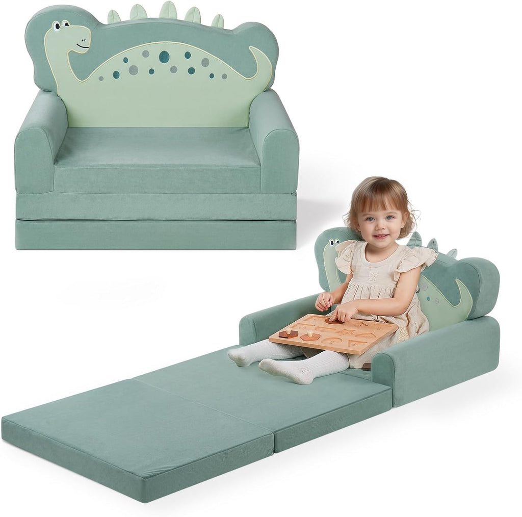 Blissful Diary Kids Couch, 2-in-1 Soft Toddler Couch Fold Out, Toddler Chair Comfy, Convertible Sofa to Lounger with Cute Shell Designs, Green - Grand Goldman