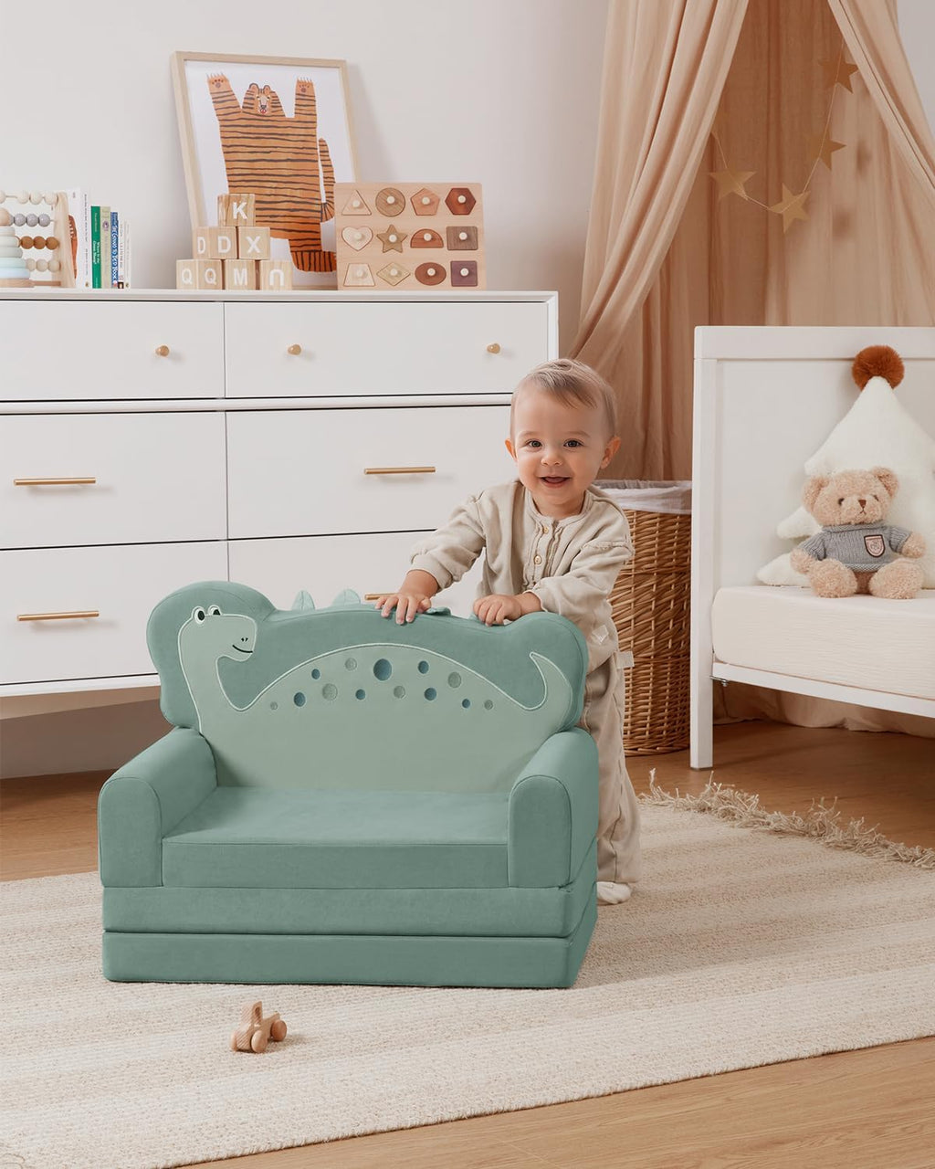 Blissful Diary Kids Couch, 2-in-1 Soft Toddler Couch Fold Out, Toddler Chair Comfy, Convertible Sofa to Lounger with Cute Shell Designs, Green - Grand Goldman