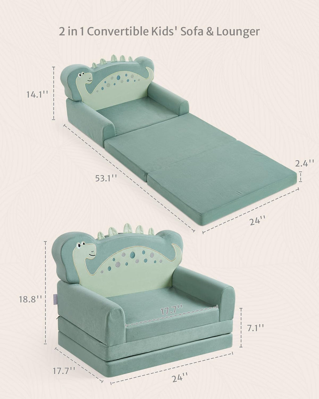 Blissful Diary Kids Couch, 2-in-1 Soft Toddler Couch Fold Out, Toddler Chair Comfy, Convertible Sofa to Lounger with Cute Shell Designs, Green - Grand Goldman