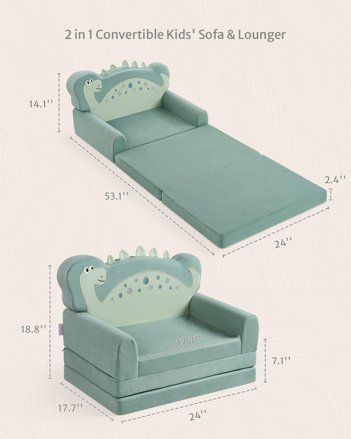 Blissful Diary Kids Couch, 2-in-1 Soft Toddler Couch Fold Out, Toddler Chair Comfy, Convertible Sofa to Lounger with Cute Shell Designs, Green - Grand Goldman