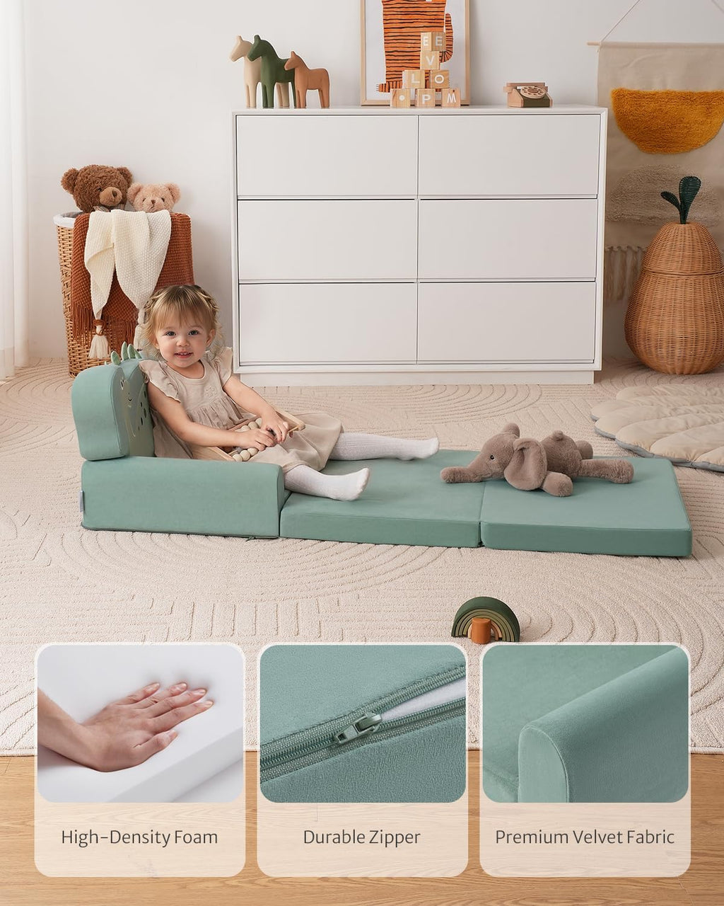 Blissful Diary Kids Couch, 2-in-1 Soft Toddler Couch Fold Out, Toddler Chair Comfy, Convertible Sofa to Lounger with Cute Shell Designs, Green - Grand Goldman