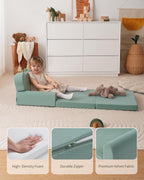 Blissful Diary Kids Couch, 2-in-1 Soft Toddler Couch Fold Out, Toddler Chair Comfy, Convertible Sofa to Lounger with Cute Shell Designs, Green - Grand Goldman