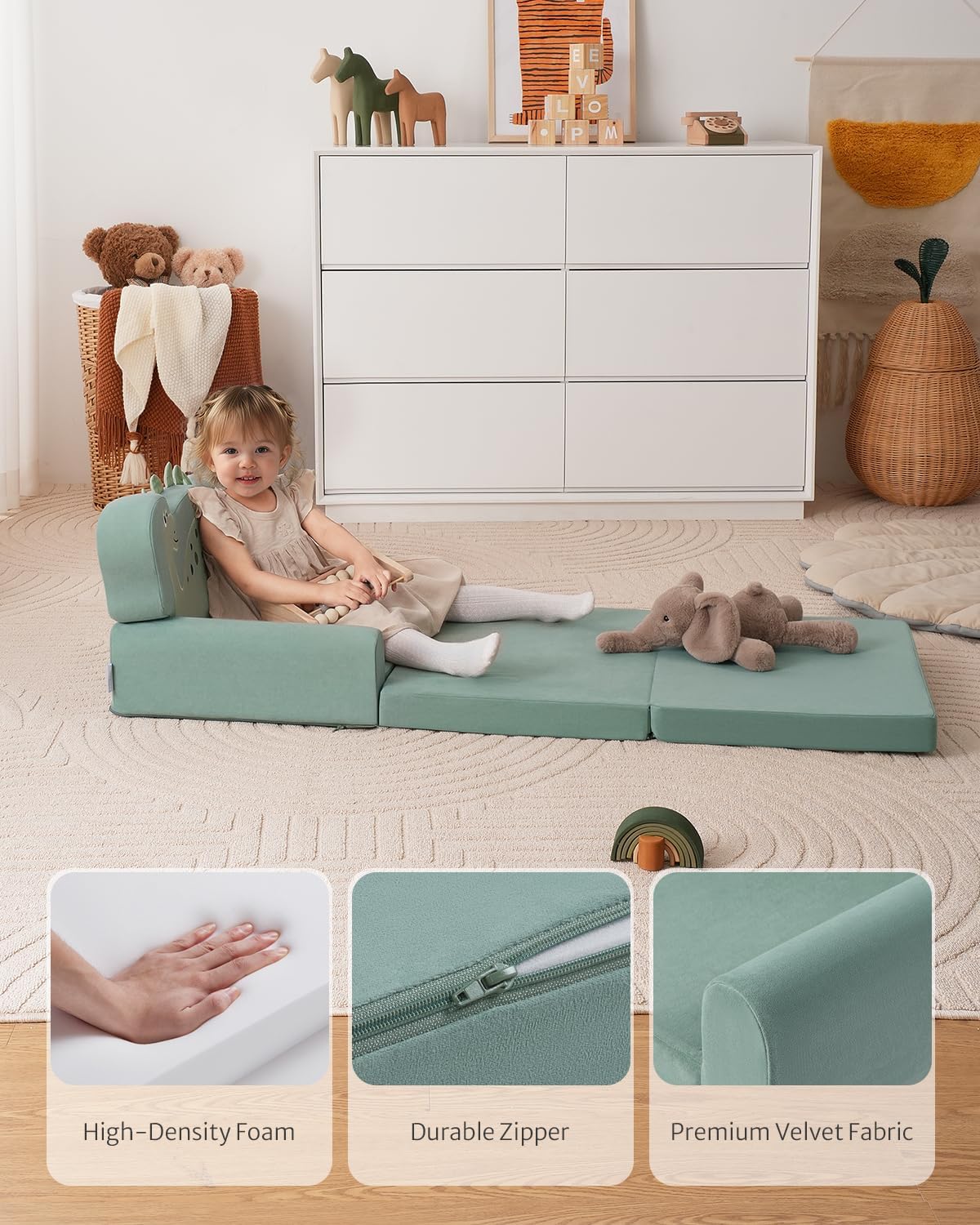 Blissful Diary Kids Couch, 2-in-1 Soft Toddler Couch Fold Out, Toddler Chair Comfy, Convertible Sofa to Lounger with Cute Shell Designs, Green - Grand Goldman