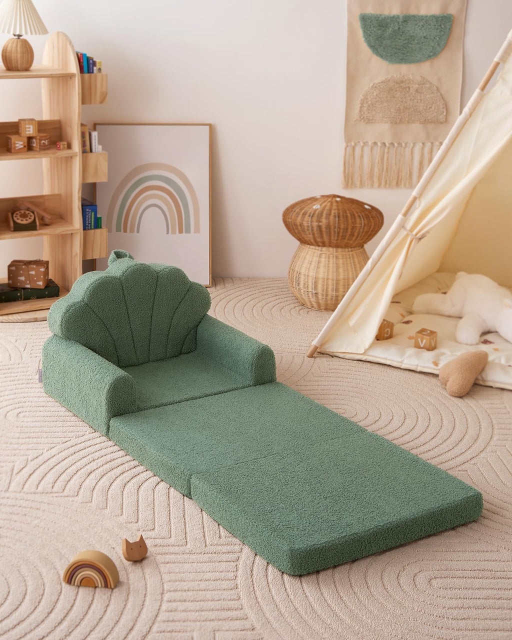 Blissful Diary Kids Couch, 2-in-1 Soft Toddler Couch Fold Out, Toddler Chair Comfy, Convertible Sofa to Lounger with Cute Shell Designs, Green - Grand Goldman