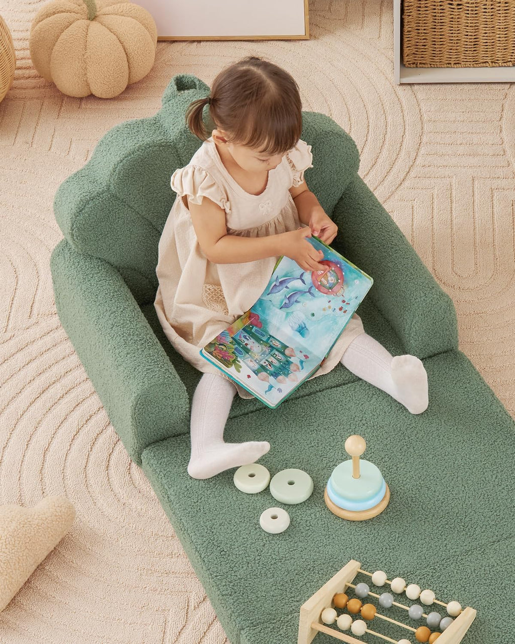 Blissful Diary Kids Couch, 2-in-1 Soft Toddler Couch Fold Out, Toddler Chair Comfy, Convertible Sofa to Lounger with Cute Shell Designs, Green - Grand Goldman