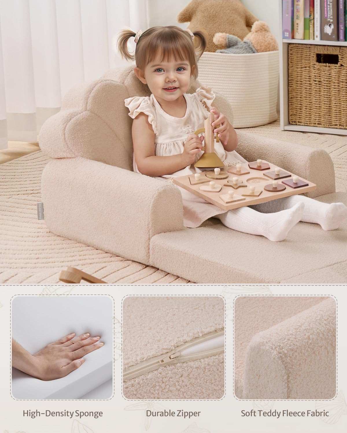 Blissful Diary Kids Couch, 2-in-1 Soft Toddler Couch Fold Out, Toddler Chair Comfy, Convertible Sofa to Lounger with Cute Shell Designs, Green - Grand Goldman