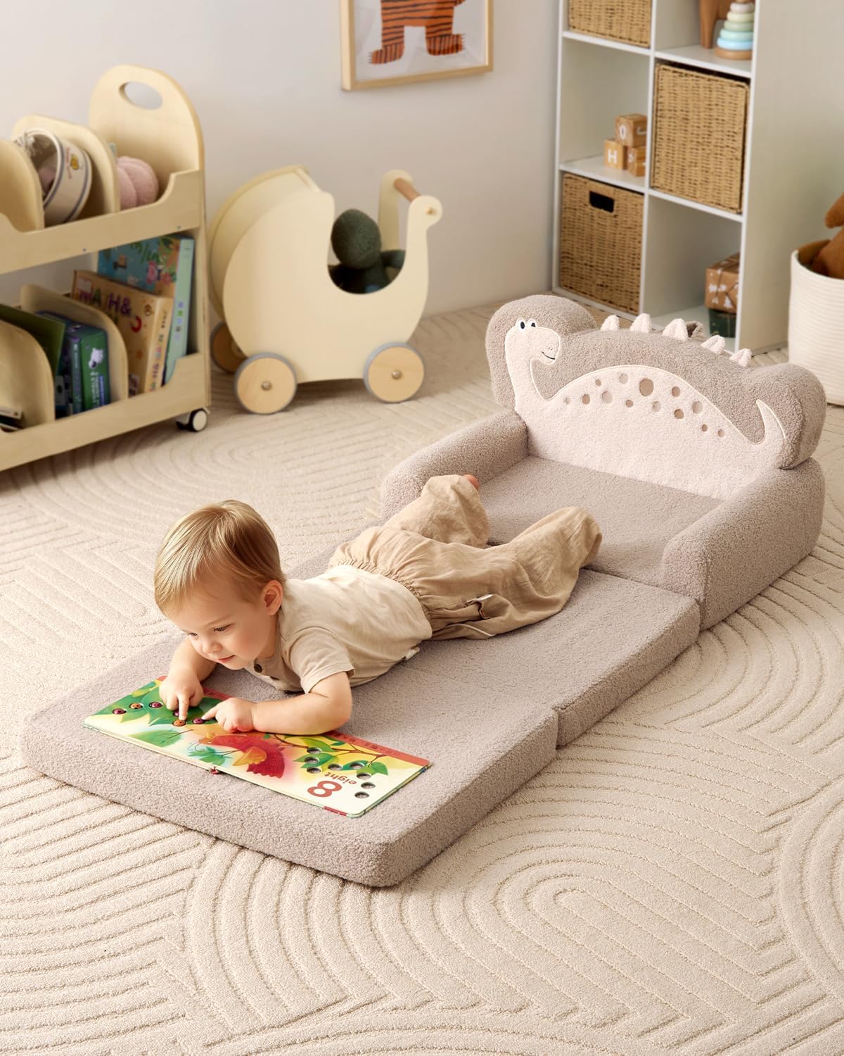 Blissful Diary Kids Couch, 2-in-1 Soft Toddler Couch Fold Out, Toddler Chair Comfy, Convertible Sofa to Lounger with Cute Shell Designs, Green - Grand Goldman