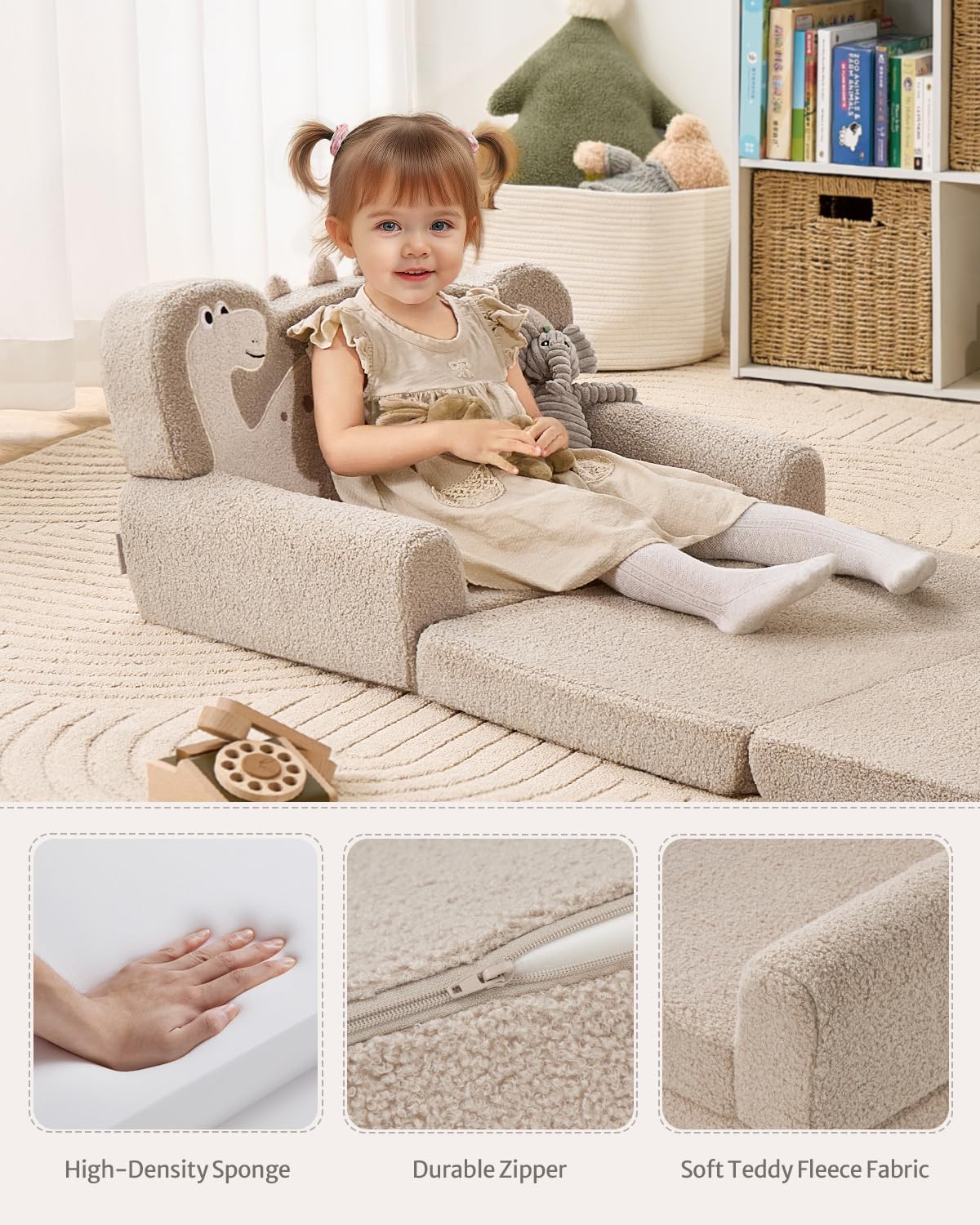 Blissful Diary Kids Couch, 2-in-1 Soft Toddler Couch Fold Out, Toddler Chair Comfy, Convertible Sofa to Lounger with Cute Shell Designs, Green - Grand Goldman