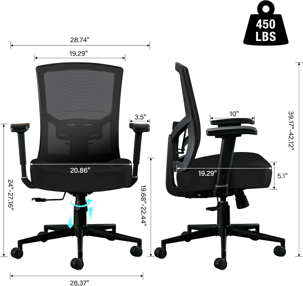 Blue Whale Big and Tall Office Chair 450lbs, Ergonomic High Back Computer Desk Chair for Heavy People with 2D Adjustable Waist Support and Heavy Duty Metal Base Mesh Chair - Grand Goldman