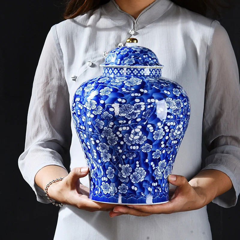Blue and White Porcelain General Jar Ceramic Tea Pot Sealed Storage Tank Plum Ginger Jar Handicraft Ornaments Home Decoration - Grand Goldman