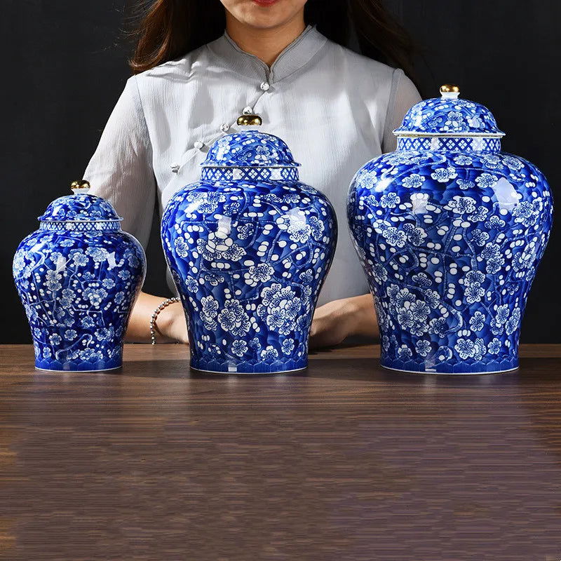 Blue and White Porcelain General Jar Ceramic Tea Pot Sealed Storage Tank Plum Ginger Jar Handicraft Ornaments Home Decoration - Grand Goldman