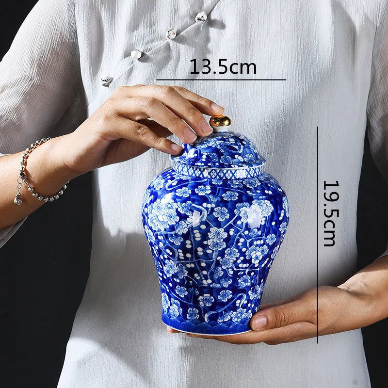Blue and White Porcelain General Jar Ceramic Tea Pot Sealed Storage Tank Plum Ginger Jar Handicraft Ornaments Home Decoration - Grand Goldman