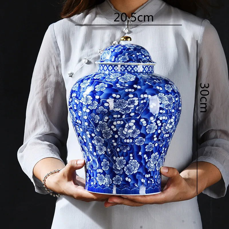 Blue and White Porcelain General Jar Ceramic Tea Pot Sealed Storage Tank Plum Ginger Jar Handicraft Ornaments Home Decoration - Grand Goldman