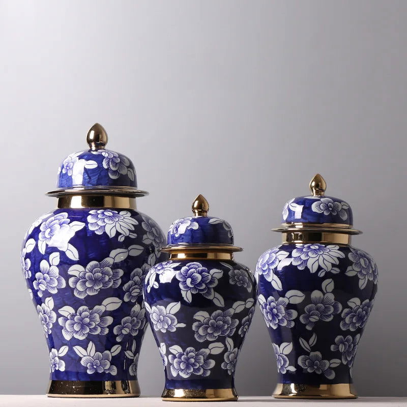 Blue and White Porcelain General Jar Storage Tea Tin Porcelain Ginger Jar Vase Flower Arrangement Home Decoration Ornaments - Grand Goldman