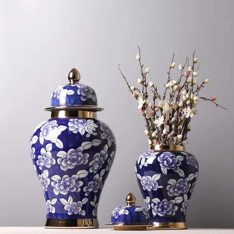 Blue and White Porcelain General Jar Storage Tea Tin Porcelain Ginger Jar Vase Flower Arrangement Home Decoration Ornaments - Grand Goldman