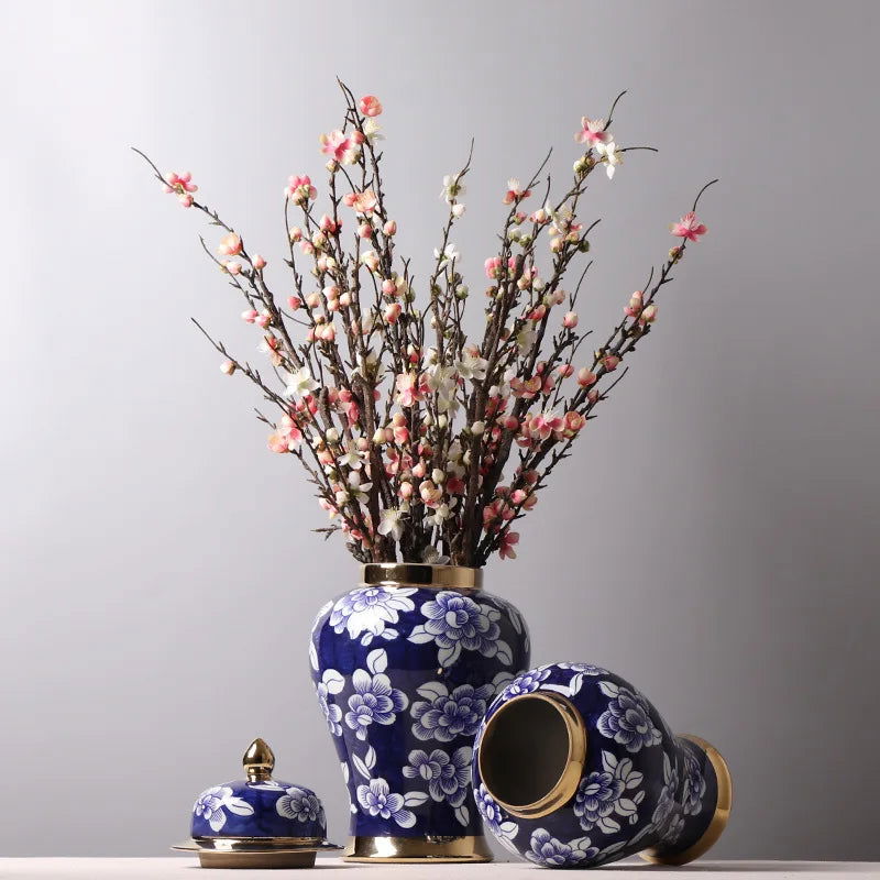 Blue and White Porcelain General Jar Storage Tea Tin Porcelain Ginger Jar Vase Flower Arrangement Home Decoration Ornaments - Grand Goldman