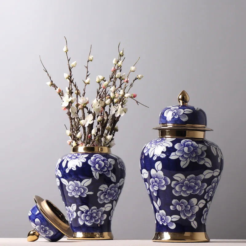 Blue and White Porcelain General Jar Storage Tea Tin Porcelain Ginger Jar Vase Flower Arrangement Home Decoration Ornaments - Grand Goldman