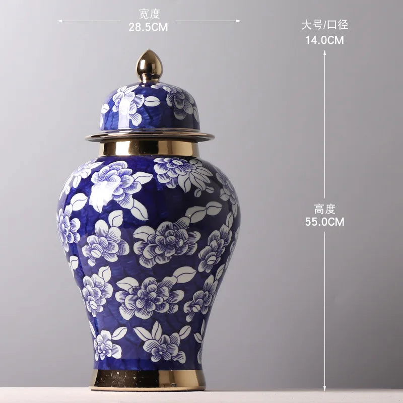 Blue and White Porcelain General Jar Storage Tea Tin Porcelain Ginger Jar Vase Flower Arrangement Home Decoration Ornaments - Grand Goldman