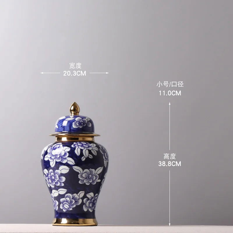 Blue and White Porcelain General Jar Storage Tea Tin Porcelain Ginger Jar Vase Flower Arrangement Home Decoration Ornaments - Grand Goldman