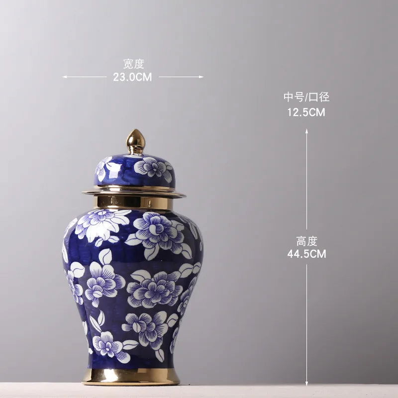 Blue and White Porcelain General Jar Storage Tea Tin Porcelain Ginger Jar Vase Flower Arrangement Home Decoration Ornaments - Grand Goldman