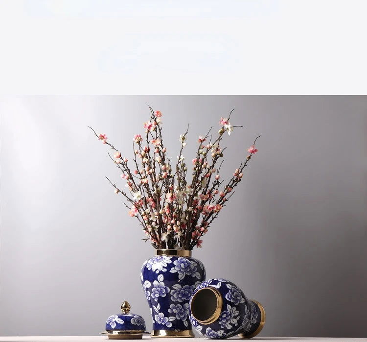 Blue and White Porcelain General Jar Storage Tea Tin Porcelain Ginger Jar Vase Flower Arrangement Home Decoration Ornaments - Grand Goldman