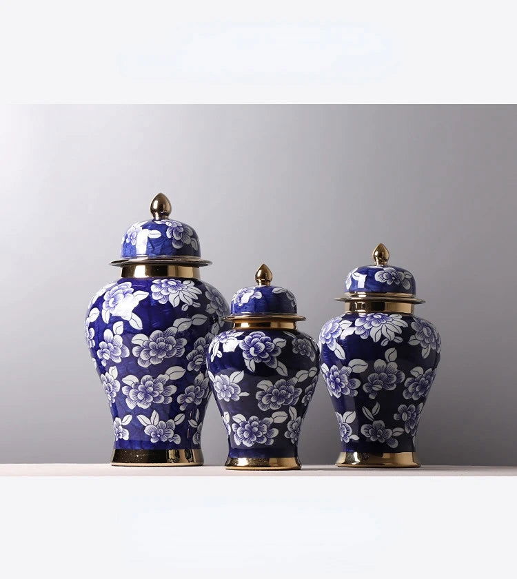 Blue and White Porcelain General Jar Storage Tea Tin Porcelain Ginger Jar Vase Flower Arrangement Home Decoration Ornaments - Grand Goldman