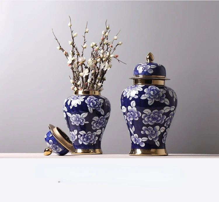 Blue and White Porcelain General Jar Storage Tea Tin Porcelain Ginger Jar Vase Flower Arrangement Home Decoration Ornaments - Grand Goldman