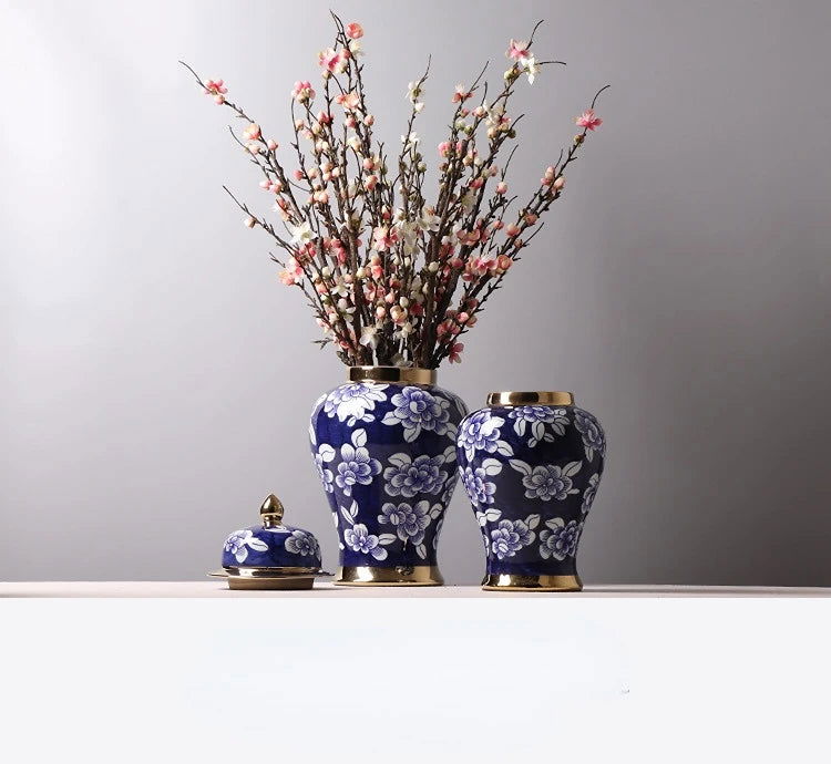 Blue and White Porcelain General Jar Storage Tea Tin Porcelain Ginger Jar Vase Flower Arrangement Home Decoration Ornaments - Grand Goldman