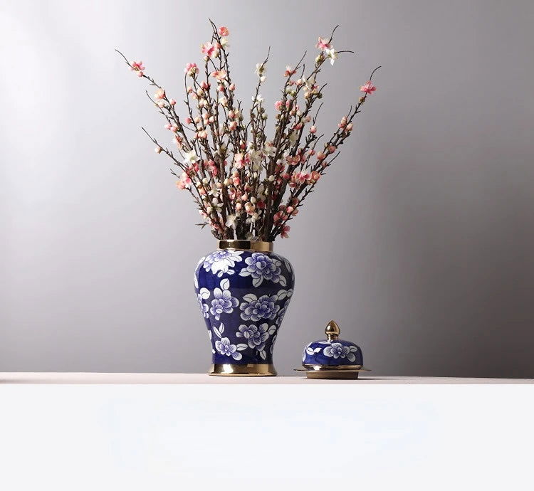 Blue and White Porcelain General Jar Storage Tea Tin Porcelain Ginger Jar Vase Flower Arrangement Home Decoration Ornaments - Grand Goldman