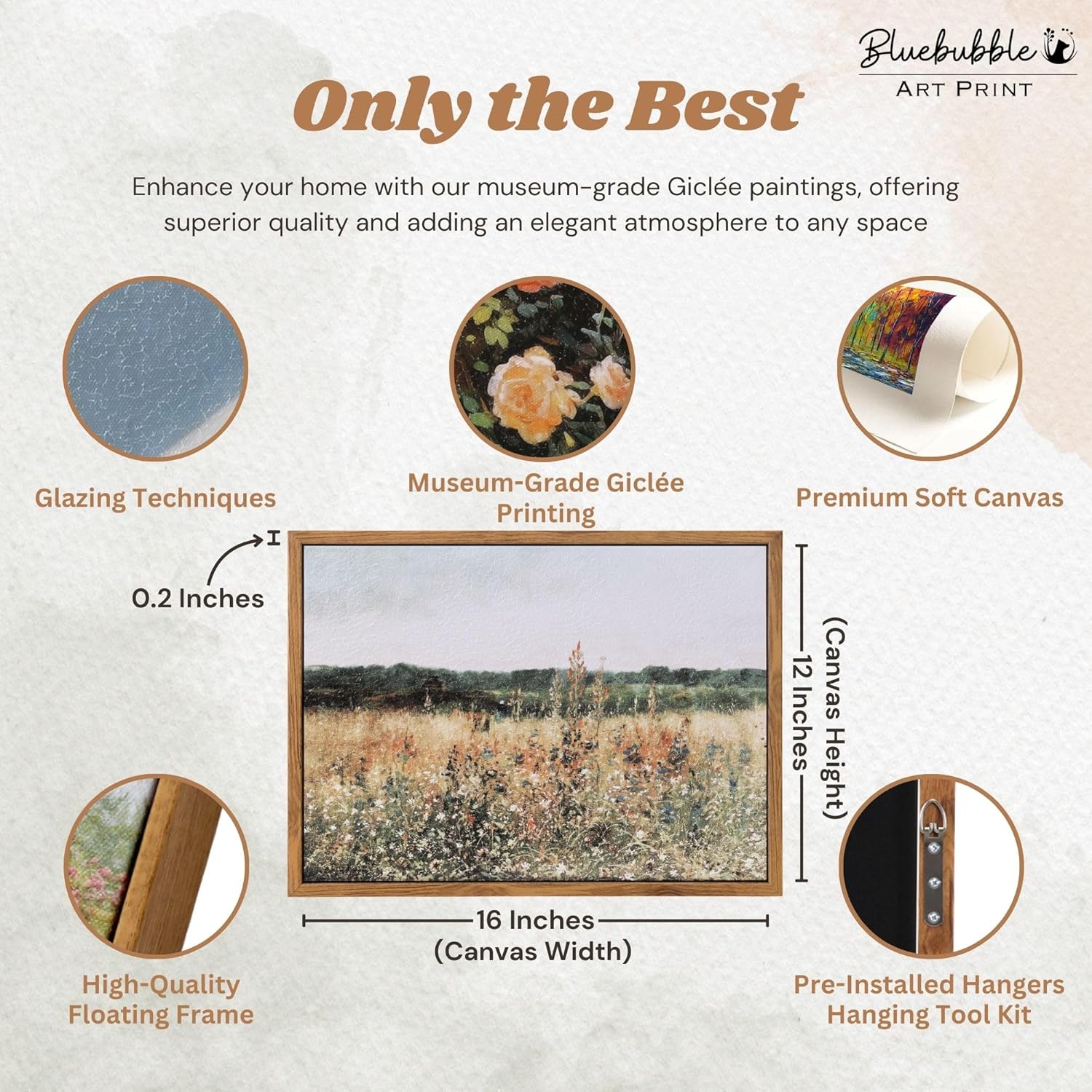 Bluebubble Framed Canvas Wall Art, Wild Floral Field Painting, Vintage Wall Art Prints, Living Room Decor - 16.0x12.0in - Grand Goldman