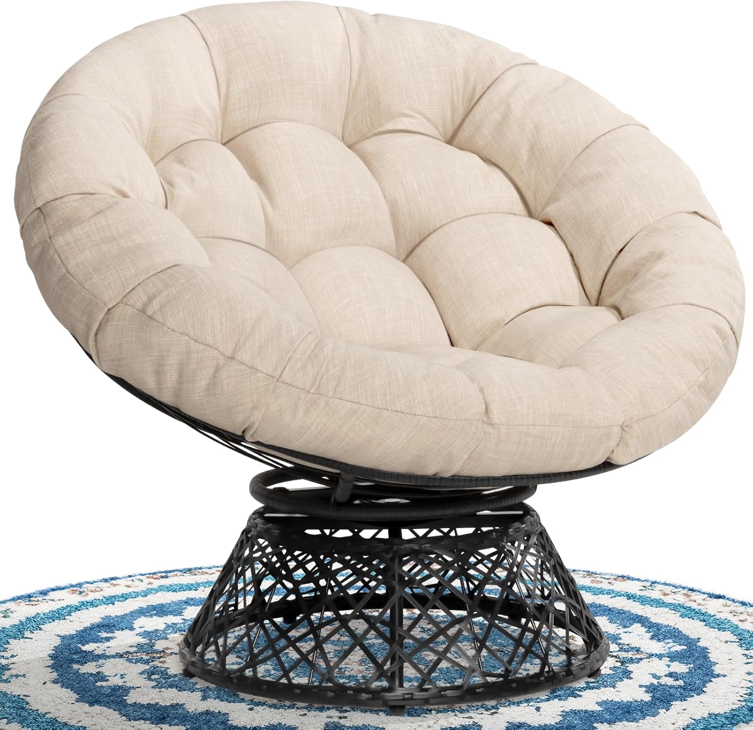 Bme 40" Ergonomic Wicker Papasan Chair with Soft Thick Density Fabric Cushion, High Capacity Steel Frame, 360 Degree Swivel for Living, Bedroom, Reading Room, Lounge - Grand Goldman