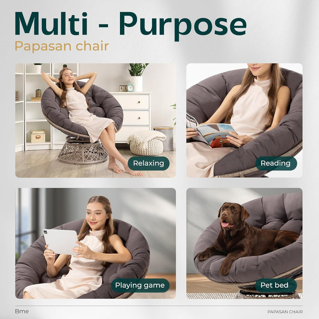 Bme 40" Ergonomic Wicker Papasan Chair with Soft Thick Density Fabric Cushion, High Capacity Steel Frame, 360 Degree Swivel for Living, Bedroom, Reading Room, Lounge - Grand Goldman