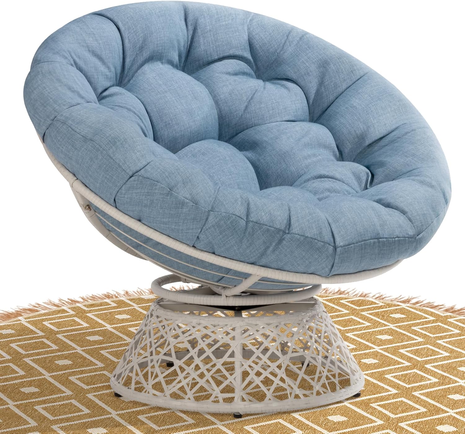 Bme 40" Ergonomic Wicker Papasan Chair with Soft Thick Density Fabric Cushion, High Capacity Steel Frame, 360 Degree Swivel for Living, Bedroom, Reading Room, Lounge - Grand Goldman