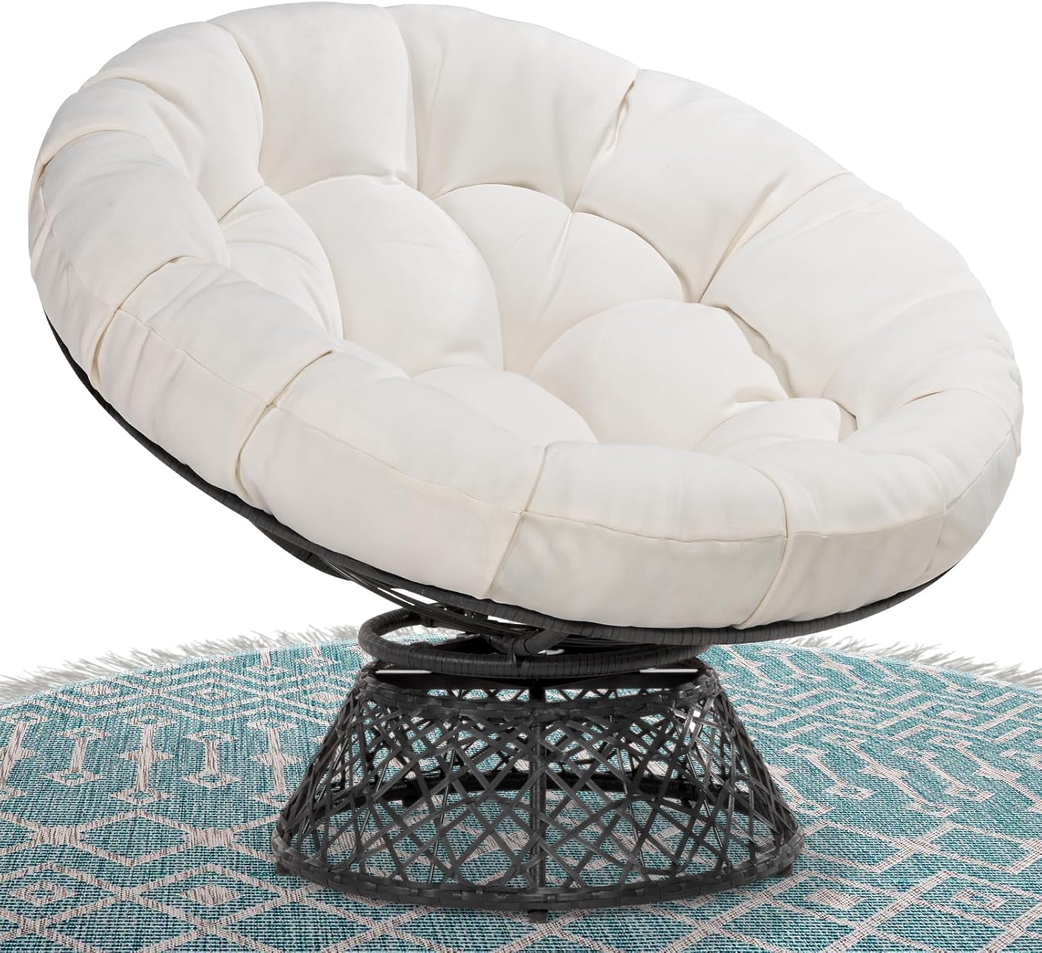 Bme 40" Ergonomic Wicker Papasan Chair with Soft Thick Density Fabric Cushion, High Capacity Steel Frame, 360 Degree Swivel for Living, Bedroom, Reading Room, Lounge - Grand Goldman