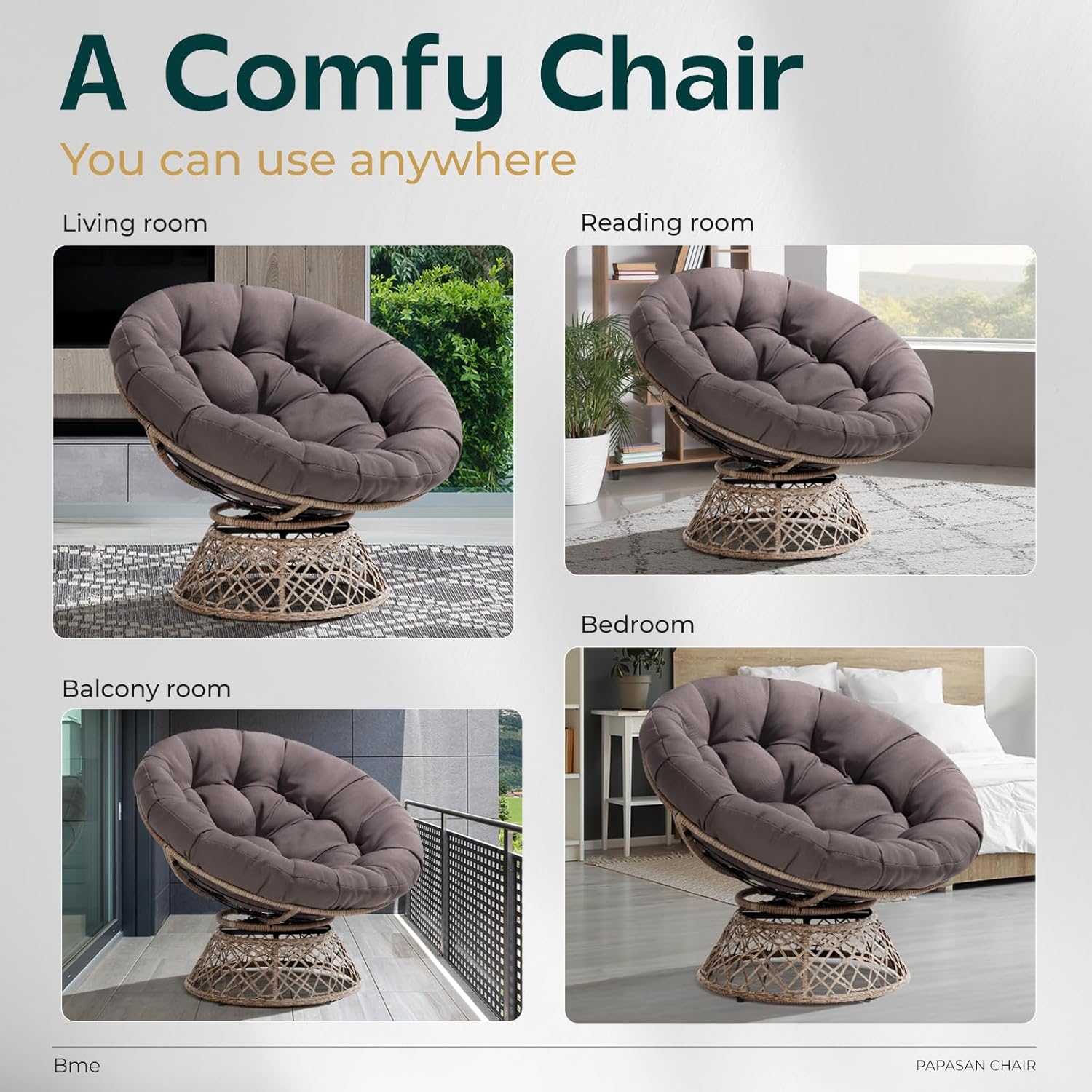 Bme 40" Ergonomic Wicker Papasan Chair with Soft Thick Density Fabric Cushion, High Capacity Steel Frame, 360 Degree Swivel for Living, Bedroom, Reading Room, Lounge - Grand Goldman