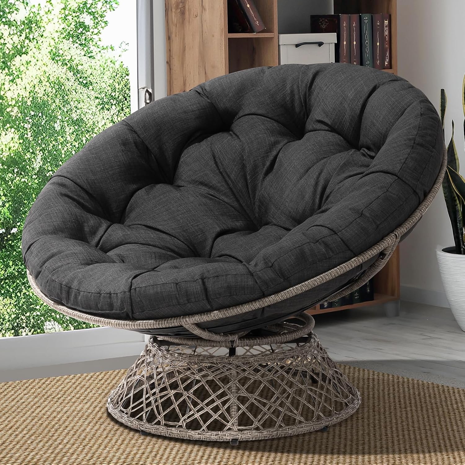 Bme 40" Ergonomic Wicker Papasan Chair with Soft Thick Density Fabric Cushion, High Capacity Steel Frame, 360 Degree Swivel for Living, Bedroom, Reading Room, Lounge - Grand Goldman