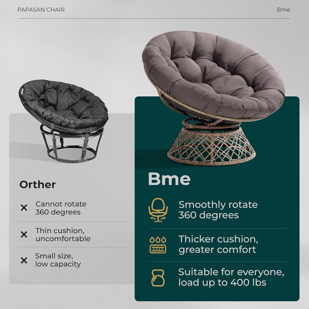 Bme 40" Ergonomic Wicker Papasan Chair with Soft Thick Density Fabric Cushion, High Capacity Steel Frame, 360 Degree Swivel for Living, Bedroom, Reading Room, Lounge - Grand Goldman
