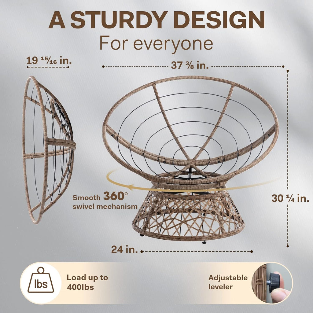 Bme 40" Ergonomic Wicker Papasan Chair with Soft Thick Density Fabric Cushion, High Capacity Steel Frame, 360 Degree Swivel for Living, Bedroom, Reading Room, Lounge - Grand Goldman