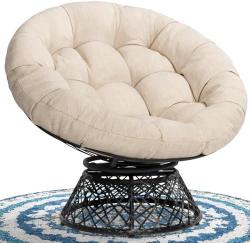 Bme 40" Ergonomic Wicker Papasan Chair with Soft Thick Density Fabric Cushion, High Capacity Steel Frame, 360 Degree Swivel for Living, Bedroom, Reading Room, Lounge - Grand Goldman