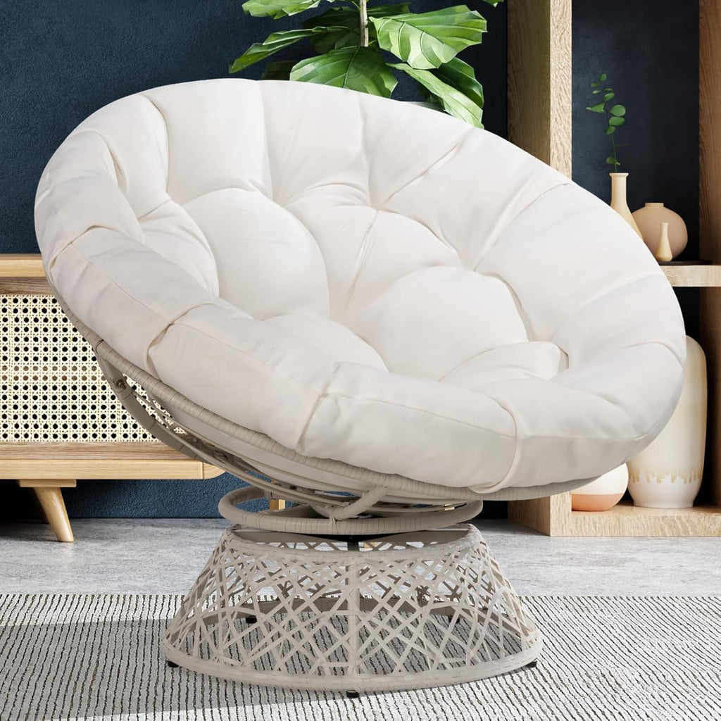 Bme 40" Ergonomic Wicker Papasan Chair with Soft Thick Density Fabric Cushion, High Capacity Steel Frame, 360 Degree Swivel for Living, Bedroom, Reading Room, Lounge - Grand Goldman