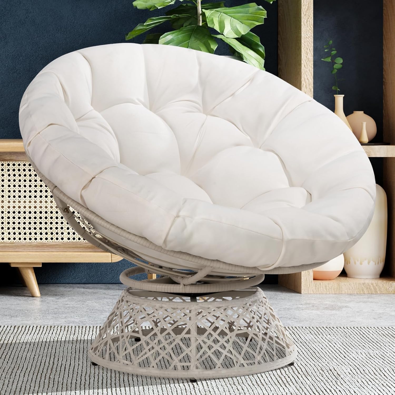 Bme 40" Ergonomic Wicker Papasan Chair with Soft Thick Density Fabric Cushion, High Capacity Steel Frame, 360 Degree Swivel for Living, Bedroom, Reading Room, Lounge - Grand Goldman