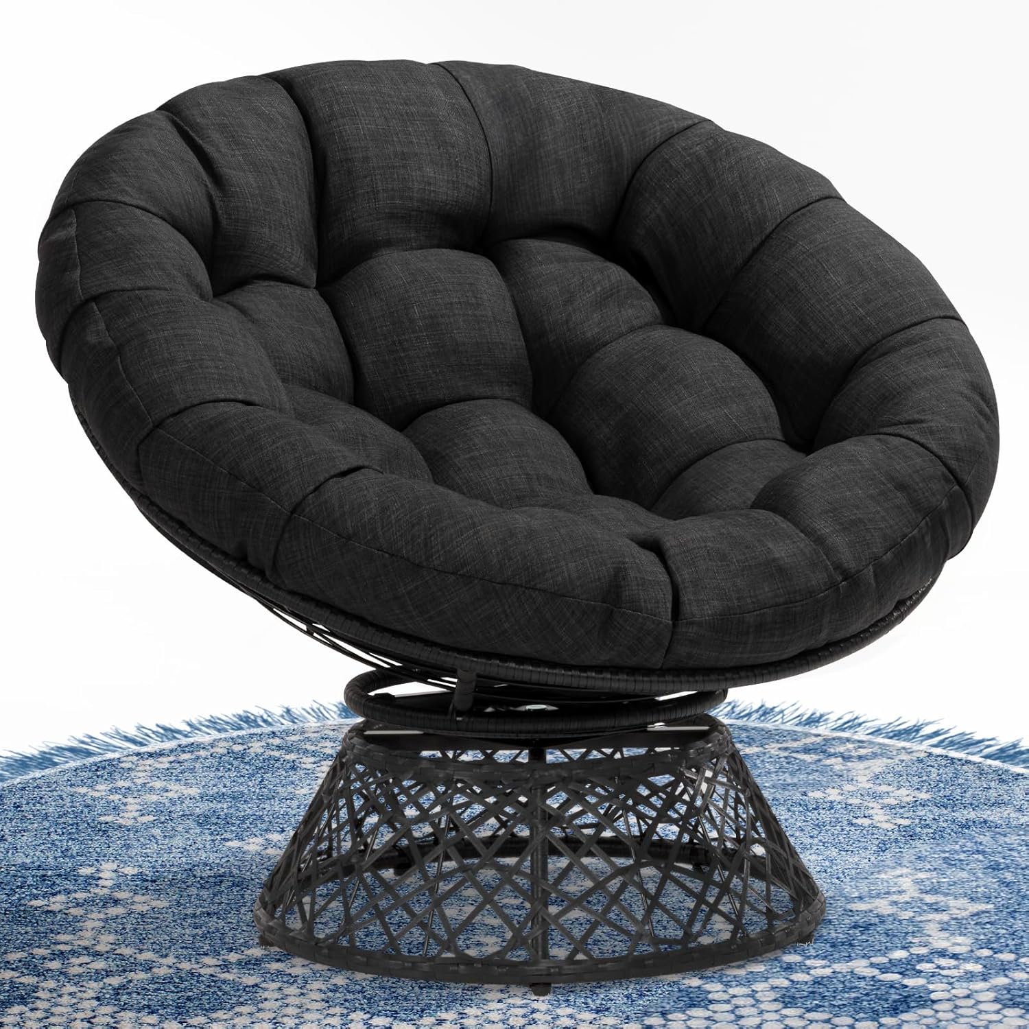 Bme 40" Ergonomic Wicker Papasan Chair with Soft Thick Density Fabric Cushion, High Capacity Steel Frame, 360 Degree Swivel for Living, Bedroom, Reading Room, Lounge - Grand Goldman